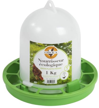 horizont CHICK'A BIO Futterautomat weiß-grün für Hühner, Futterspender Geflügel, Hühner Zubehör, Wachtel Küken Chicken, Futtertrog für Ihren Stall- und Auslaufbereich (1 kg)