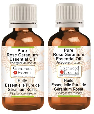 Greenwood Essential Huile essentielle naturelle de géranium rose (Pelargonium roseum) distillée à la vapeur 100 ml x 2 (6,76 oz)