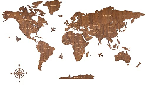 Creawoo Walnuss Weltkarte Wand, handgefertigte Holz Weltkarte Wanddekoration, Wandkunst für Haus & Büro, Holzkarte der Welt, perfekt für kreatives 150 x 85 cm