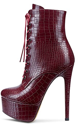 NobleOnly Zapatos de Tacón Mujer Plataforma Tobillo Botas 16CM Botines High Heels Rojo Borgoña Mate Zapatos EU 36