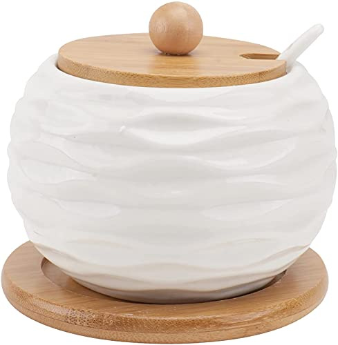 MAGICVOGEL Tarros de cerámica para especias, azucarero, salero con tapa de bambú y cuchara, recipiente para especias, envases para alimentos, almacenamiento para casa, cocina, comedor (tipo 1)