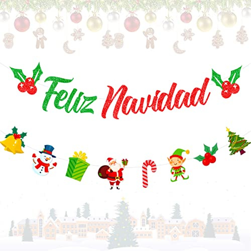 Cartel de Feliz Navidad Con Purpurina - Decoraciones Españolas, Guirnalda y Suministros Para el Hogar, Oficina, Chimenea