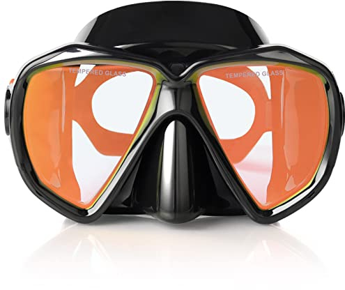 Snorkel Diving Mask Panoramic HD Swim Mask, Anti-Fog Scuba Diving Goggles,Tempered Glass Dive Mask Adult Youth Swim Goggles with Nose Cover for Diving, Snorkeling, Swimming (Black Frame-Red Lens)