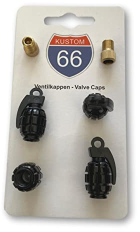4er Set Ventilkappen + 2 Fahrradadapter - Handgranate in Schwarz - für jedes Auto, Motorrad und Fahrrad geeignet