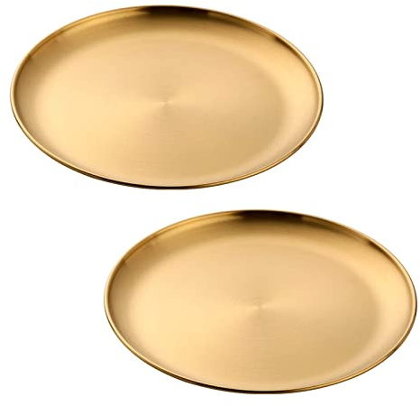 Oneroomone 2 Stücke Edelstahl-Goldplatten, Runde Teller aus Edelstahl, Runde Servierplatte mit Goldenem Tablett, für Zuhause, Camping im Freien, Picknick