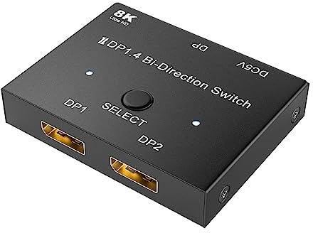 Jerilla Displayport Switch 8K Bi-Directional DP 1.4 Switcher DP Splitter Converter 2 In 1 Out/1 In 2 Out, 8K@60Hz 4K@144Hz for PC Host Laptop Monitor TV Projector