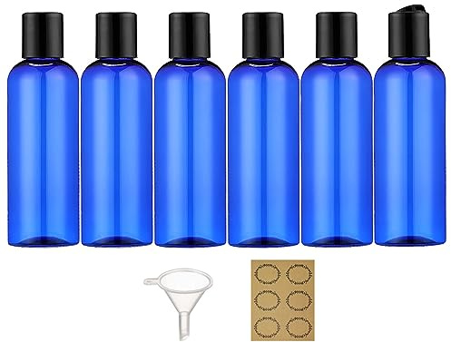 Apstaqeoo 6PCS 100ML Plastic Bottles with Disc Top Flip Cap Empty Squeeze Bottle Refillable Travel Container Dispenser with 1 Funnel & 6 Label TSA Approved for Liquid Lotion Toiletries Cosmetic（Blue）