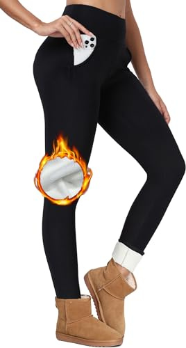 CheChury Femme Hiver Leggings Polaire Femme Thermique Pantalon Taille Haute Chaud Extensible Slim Pants avec Poches Épais Stretch Casual Leggings Sport Running,Noir,XL