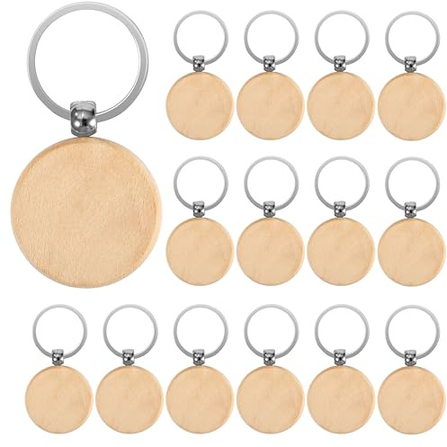 Schlüsselanhänger Holz, 15 Stücke Wooden Schlüsselanhänger Blanko DIY, Rund, Personalisierte Holz Schlüsselring mit Ring, Beschriftbar Rohlinge für Malerei Basteln Dekorieren Geschenke