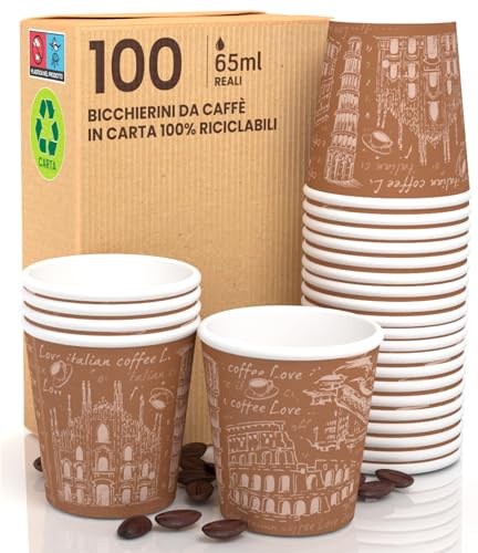 Eurocali 100 Pappbecher 65 ml Italy Brown Umweltfreundliche biologisch abbaubare Einwegbecher klein zum Mitnehmen heiße Getränke