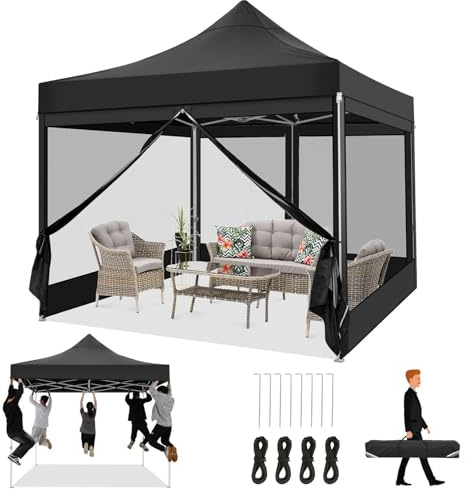 COBIZI Faltpavillon 3x3 Wasserdicht Stabil, Partyzelt Faltbar mit 4 Seitenwänden Moskitonetz Pop Up Gartenpavillon Anti-UV für Garten, 420D Oxford, Schwarz