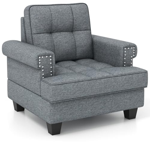 COSTWAY Tufted Accent Chair, Upholstered Linen Fabric Lounge Armchair Single Sofa Chair with Widened Seat, Rubber Wood Frame Comfy Occasional Fireside Reading Chair for Living Room Reception (Grey)