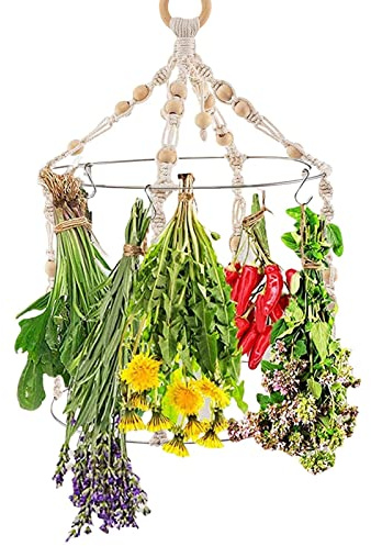 Estante de secado de hierbas, estante de secado de hierbas bohemio, estante de secado de flores de macramé hecho a mano con cuentas decorativas y 15 ganchos, estante colgante de secado de hierbas de