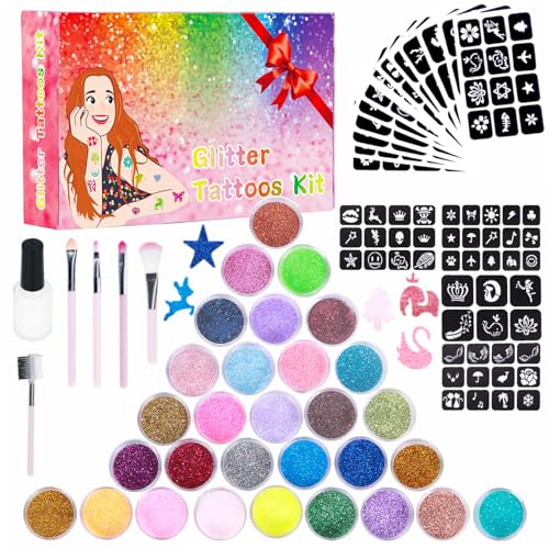 Glitzer Tattoo Set Kinder, DSYZWEE 30 Farben – Temporäre Glitzertattoos mit 147 Schablonen, 5 Pinsel, 2 Kleber, wasserfestes Tattoo Set für Mädchen und Jungen, Kindergeburtstag Party