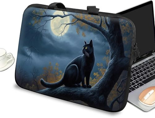 Custodia universale per computer portatile da 10 pollici, con manico e cerniera, borsa messenger per tablet da 7-10 pollici, per iPad/Notebook/eBook/lettori, gatto nero sull'albero