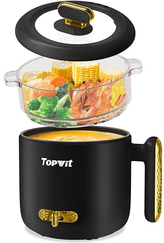 Topwit Hot Pot Electric with Steamer, 1.8L Ramen Cooker, Portable Electric Pot for Cooking, Multifunctional Cooker for Steak, Egg, Soup, Noodle with Power Adjustment, Dorm Room Essential, Black