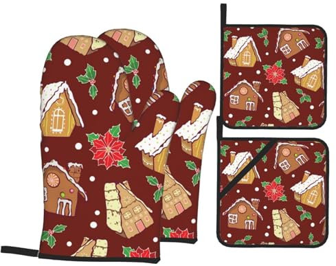 Ofenhandschuhe und Topflappen, Lebkuchenhäuser, Blumen, hitzebeständig, Küchen-Backhandschuhe, rutschfeste Oberfläche zum Kochen, Backen, Grillen, Grillen