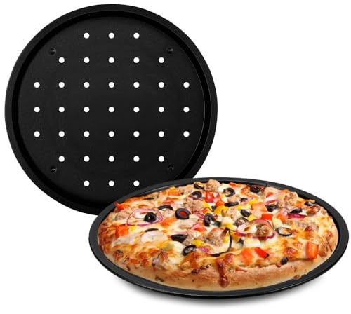 PALUPLUS 2 Teglie Pizza Forate, Diametro 32 cm, Tegami in Acciaio con Doppio Strato Antiaderente resistente ai Graffi, Adatte per pizze surgelate, Senza BPA, Made in Italy -7329M