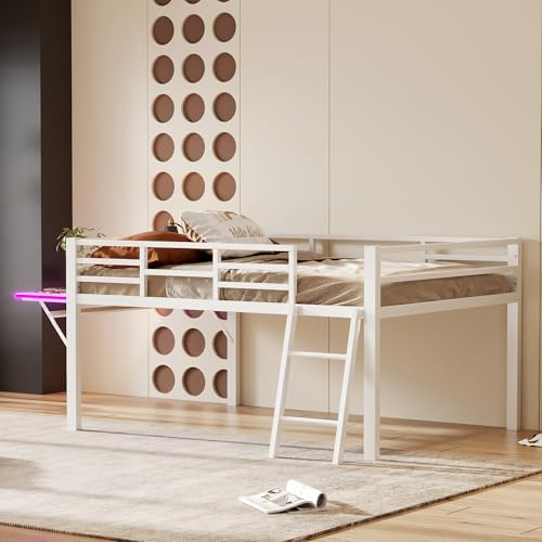 WIZBED Halbhochbett für Kinder, Metallbett mit Leiter & led Faltbare Schreibtisch & Geländer, Kinderbett mit Lattenrost, Bettgestell, für Jungen und Mädchen (Weiß, 140x200)