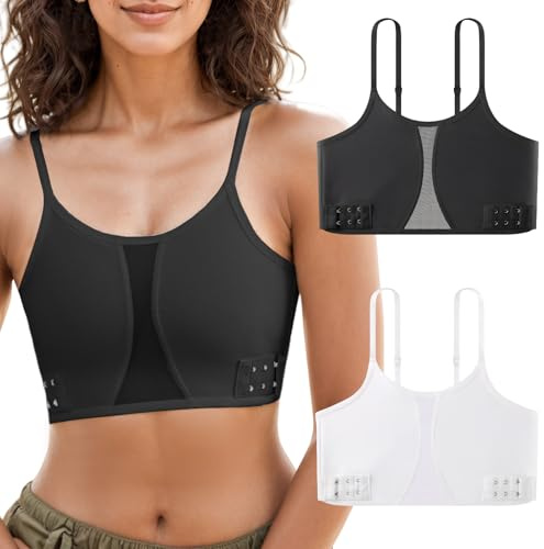 Panegy Women's Transgender FTM Breathable Solid Chest Binder Crisscross Bandage Spaghetti Straps Side Hook Bustier Bra Black White L