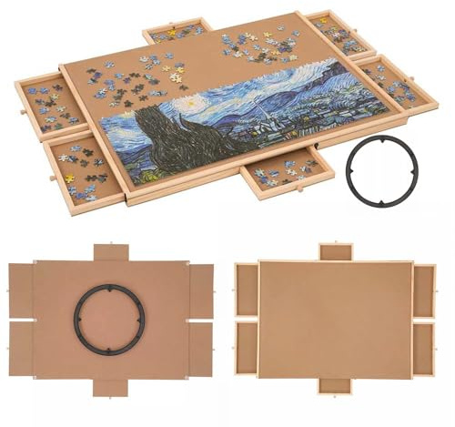 Gziztx Jigsaw Puzzle Table 1500 Pieces Wooden Jigsaw Puzzle Board Puzzle Plateau with 6 Drawers Storage System, Cover, Turntable, for Adults Children