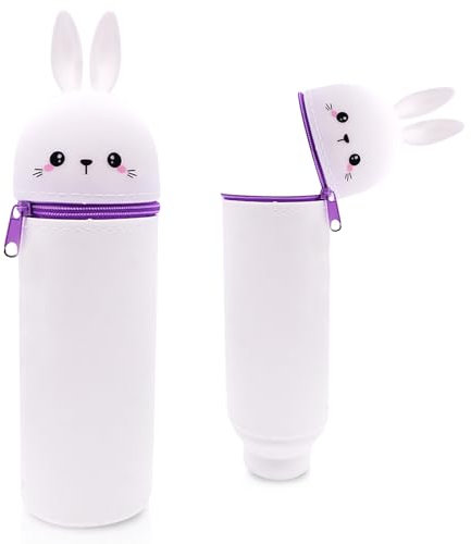 Sykerout Silikon Federmäppchen mit Tierdesign - Süßes 2-in-1 Schulmäppchen aus weichem Silikon | Federmappe & Stiftehalter | Schlampermäppchen für Schule, Büro (Weißes Kaninchen)