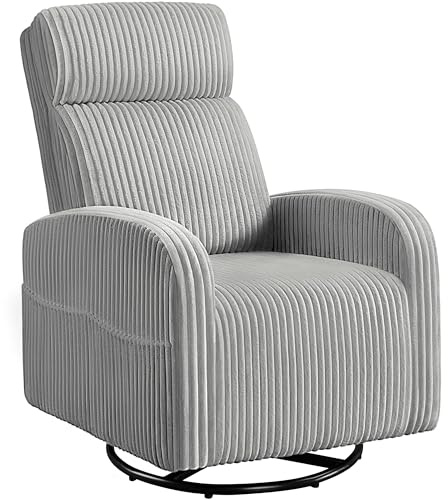 Yaheetech 360° Swivel Glider Chair for Nursery, Rocking Chair Nursing Chair with Side Pockets, Corduroy Glider for Living Room with High Back Light Gray