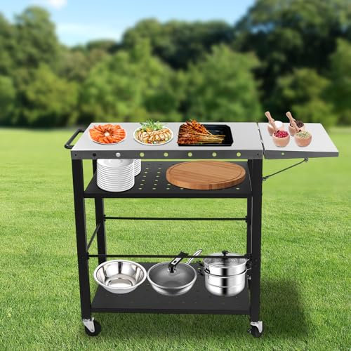 ARBGO Carrello per barbecue portatile, tavolo con tavolino pieghevole, tavolino da esterno su ruote, multifunzionale in acciaio inox, per barbecue e giardino