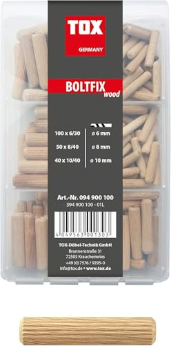 TOX Holzdübel Miniset Boltfix M wood, Gr. 6x30 mm (100 Stk.), 8x40 mm (50 Stk.), 10x40 mm (40 Stk.), zuverlässige Verbindung von Holzteilen für Möbel geeignet, mit praktischer Box, 190 tlg., 094900100