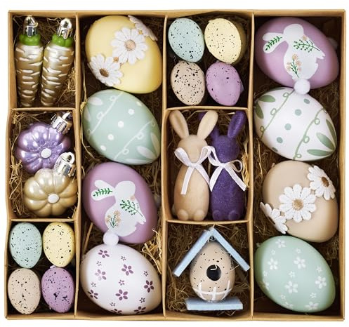 Valery Madelyn 31er Ostereier zum Aufhängen für Osterdeko,Violett Blau Osterhänger Set für Frühlingsdeko, mit Beflocktes Hasen & Möhren, Blumen für Osterkörbchen Osterbaum,Ostern Geschenke,3-7cm