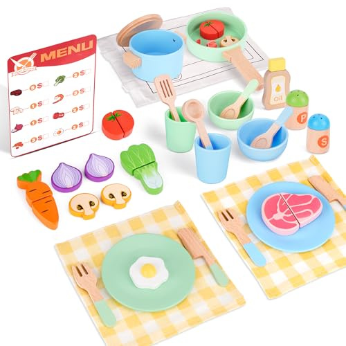 Wooden Play Kitchen Set for Toddlers, 35Pcs Realistic Pretend Play Food Toys with Steak/Egg/Vegetables & Cooking Utensils, Montessori Educational Toy for Kids, Gift for Boys Girls 3 4 5 Years Old