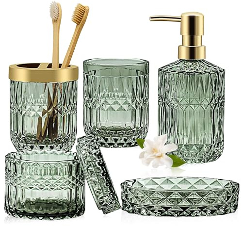 5 Stück Grünes Glas Badezimmer Zubehör Set, Glas Badezimmer Accessoires Set von Lotionspender,Seifenschale,Zahnbürstenhalter,Becher,Wattestäbchen Badezimmer Deko Set für Modernes Bad,Vintage Geschenk
