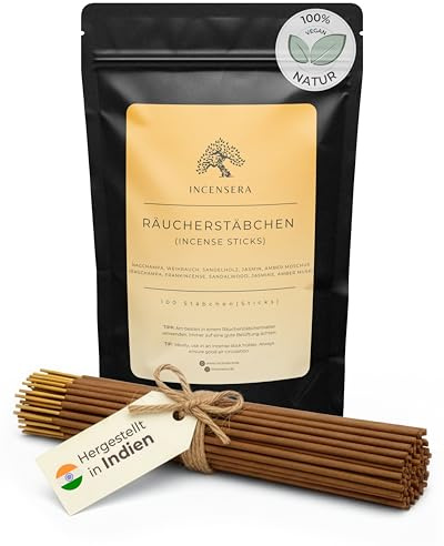 Incensera Set 100 incenso bastoncini naturali (5x20) – Nagchampa, Sandalo, Gelsomino, Ambra, Incenso – Bastoncini Profumati per Meditazione, Yoga e Relax