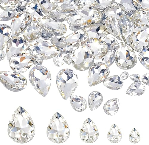 NICENEEDED 100 PCS Pointed Back Rhinestone, 5 Sizes Glass Rhinestones Gem Clear Teardrop Crystal Beads, Jewels Embelishments with Silver Plated Back Faceted Bead for Craft Decor Jewelry Making