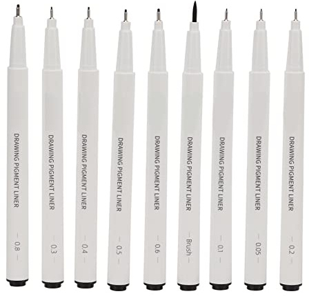 Zerodis 9Pcs Stylos Micro Ligne, 0,05-0,8 BR Différentes Tailles de Plume Écriture Plus Lisse Peinture Stylos Fineliner Stylo de Dessin de Ligne pour Peinture Lettrage à la Main Dessin