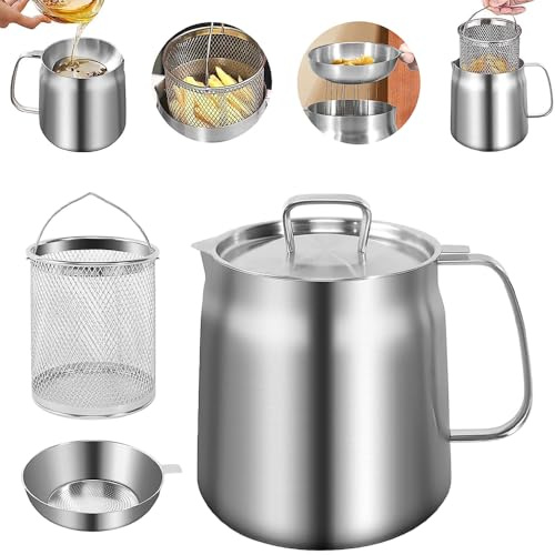 RNPKZ 304 Stainless Steel Oil Filter Pot, 2L Oil Strainer Pot with Filter Basket Mesh & Dust-Proof Lid, Multifunctional Bacon Grease Container, Cooking OilFilter for Storing Frying OilCooking Grease
