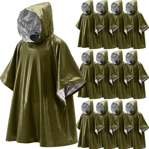 Tellegloww 12 Pack Emergency Ponchos with Polyester Film Blanket Liner Waterproof Windproof Thermal Survival Blanket Rain Ponchos for Adults Outdoor Camping Hiking Emergencies Essentials