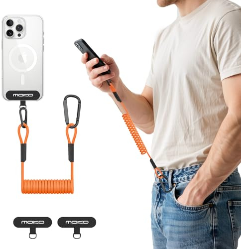 MoKo Phone Lanyard Tether med lapp, anti-stöld mobiltelefonrem med karbinhake, universellt stretchy droppskydd mobiltelefon snodd för utomhus vandring klättring fiske, lämplig för de flesta