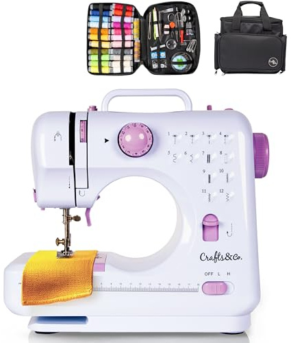 Crafts&Co® Nähmaschine, Tasche & Nähset Combideal | Mini-Nähmaschine für Anfänger mit 12 Stichen | Nähmaschinentasche mit Staufächern | Weiß-Lila
