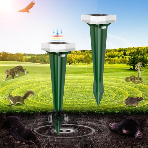 Ahuyentador de Topos, 3 Modos de Vibración Ahuyentador de Ratas con Luz LED, Solar y Impermeable Ultrasónico de Plagas, Topos y Serpientes, per Césped, Patio y Jardín (2, Verde)