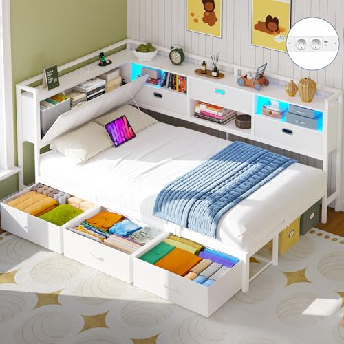 Brinlawb Canapé Lit 90x190 cm avec 6 Tiroirs, Éclairage LED et Multiprise (2 Prises AC 2 Ports USB) Lit Banquette avec Tête de Lit Capitonnée, 3 Compartiments de Rangement, Lit Enfant 90x190 cm, Blanc