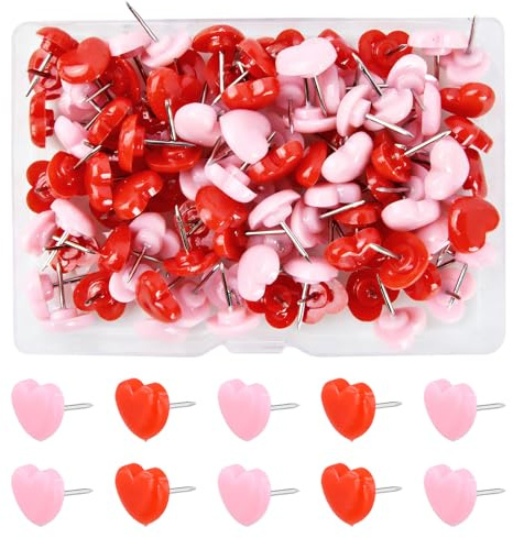 Lot de 100 punaises décoratives en forme de cœur en métal avec boîte de rangement, punaises robustes et punaises décoratives pour tableau en liège, mur photo, bureau, maison