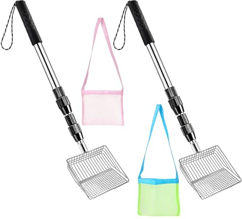 ECMQS Setaccio per denti in metallo con sacchetti di conchiglie, setaccio per sabbia da spiaggia, pale, strumento per raccogliere conchiglie e paletta per conchiglie in pietra, 4 pezzi