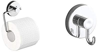 Wenko 20899100 Vacuum-Loc Toilettenpapierhalter Milazzo - Befestigung ohne bohren, Stahl, 13,5 x 17,5 x 16 cm, chrom & Vacuum Loc Haken, Befestigen ohne bohren, 6 x 6,7 x 5 cm, chrom, 2er Set