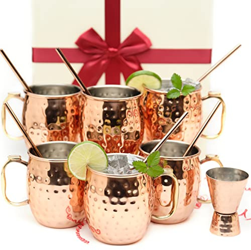 Kitchen Science Copper Moscow Mule Mug Gift Set – 6 Tarnish-Resistant 19 oz Mugs with Stainless Steel Interior, 6 Straws & Jigger – Ideal for Cocktails, Bars & Gifts