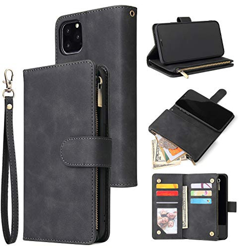 QLTYPRI Case for iPhone 11, Large Capacity Leather Wallet Case 6 Card Holder & 1 Zipper Pocket Kickstand Wrist Strap Magnetic Protective Cover for iPhone 11 (6.1 Inch) - Black