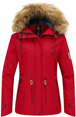 Wantdo Womens Winter Coat Hood Waterproof Ski Jacket Fleece Red L