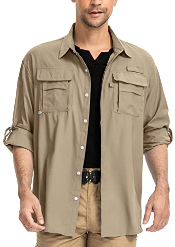 yeyity Camicia da uomo a maniche lunghe, safari, UPF50, protezione UV, traspirante, con bottoni, per il tempo libero, per escursioni, pesca, trekking, cachi, XL