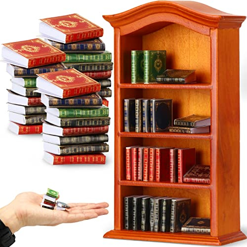 Miniatures Book and Bookshelf Set Includes 27 Pcs 1:12 Scale Miniatures Dollhouse Books 1 Pcs Wooden Bookcase 4 Floors Furniture Display Bookshelf Cabinet Dollhouse Decoration for Mini House Library