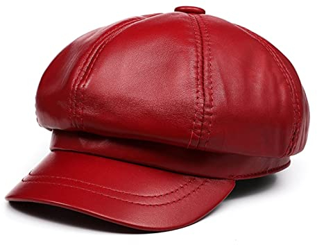 tcax Baskenmütze Damen Leder Vintage Baskenmütze Damen Newsboy Cap Rosa Baker Boy Cap Damen Winter Achteckige Mütze,Rot,57-58Cm